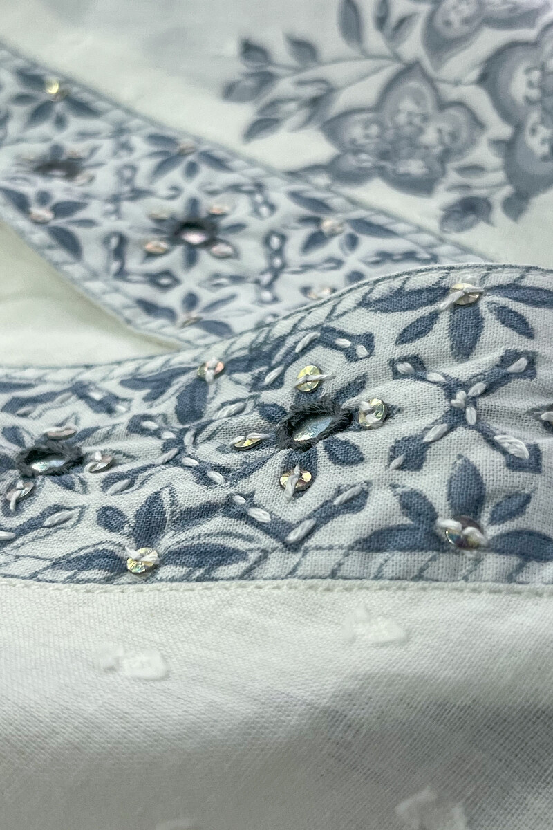 White Hand Block-Printed Straight Cotton Dobby Kurta
