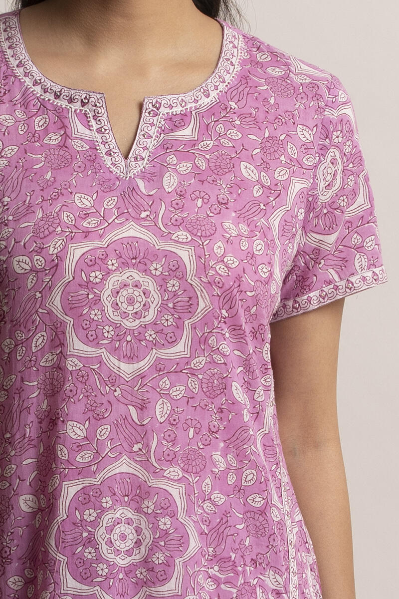 Pink Block Printed Straight Cotton Kurta
