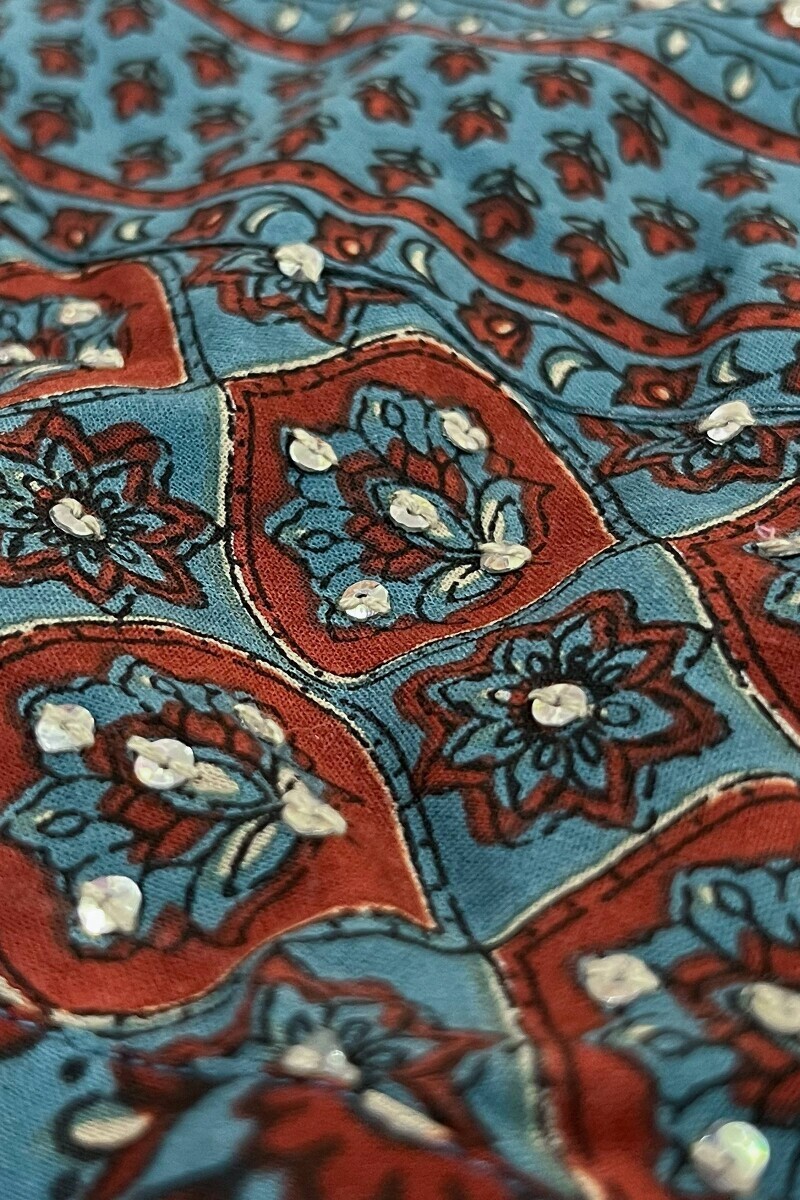 Blue Hand Printed Straight Cotton Kurta