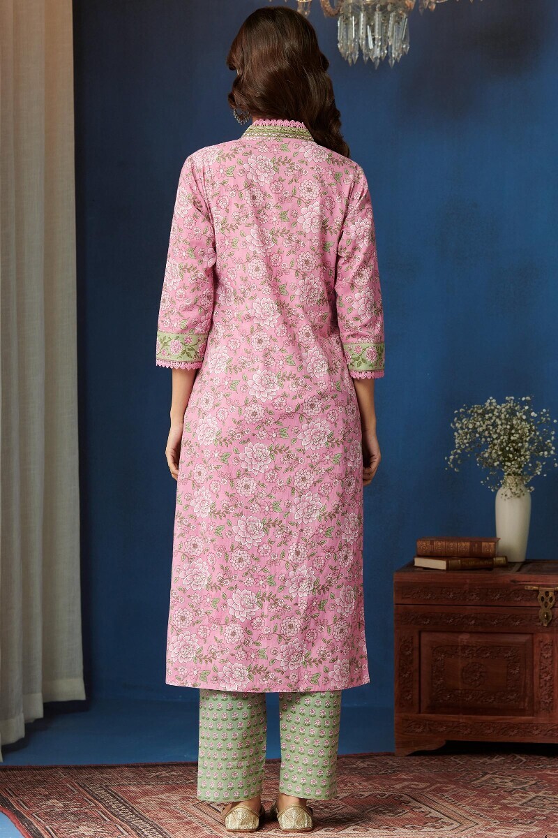 Pink Hand Printed Straight Cotton Kurta