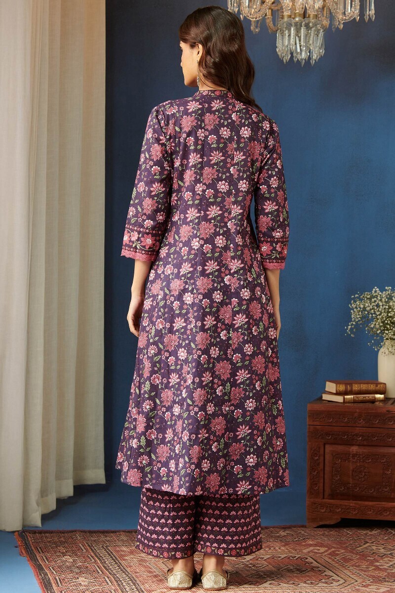 Purple Hand Printed Straight Cotton Kurta