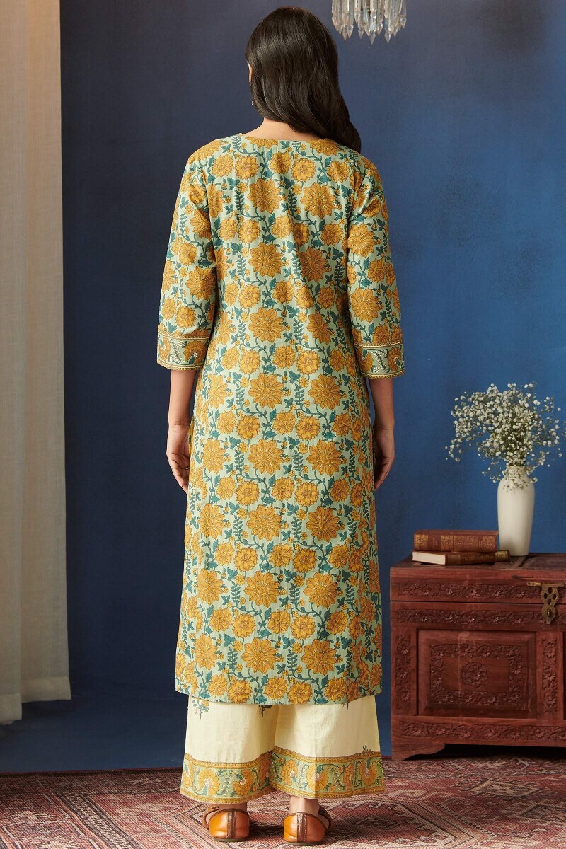 Green Hand Printed Straight Cotton Kurta
