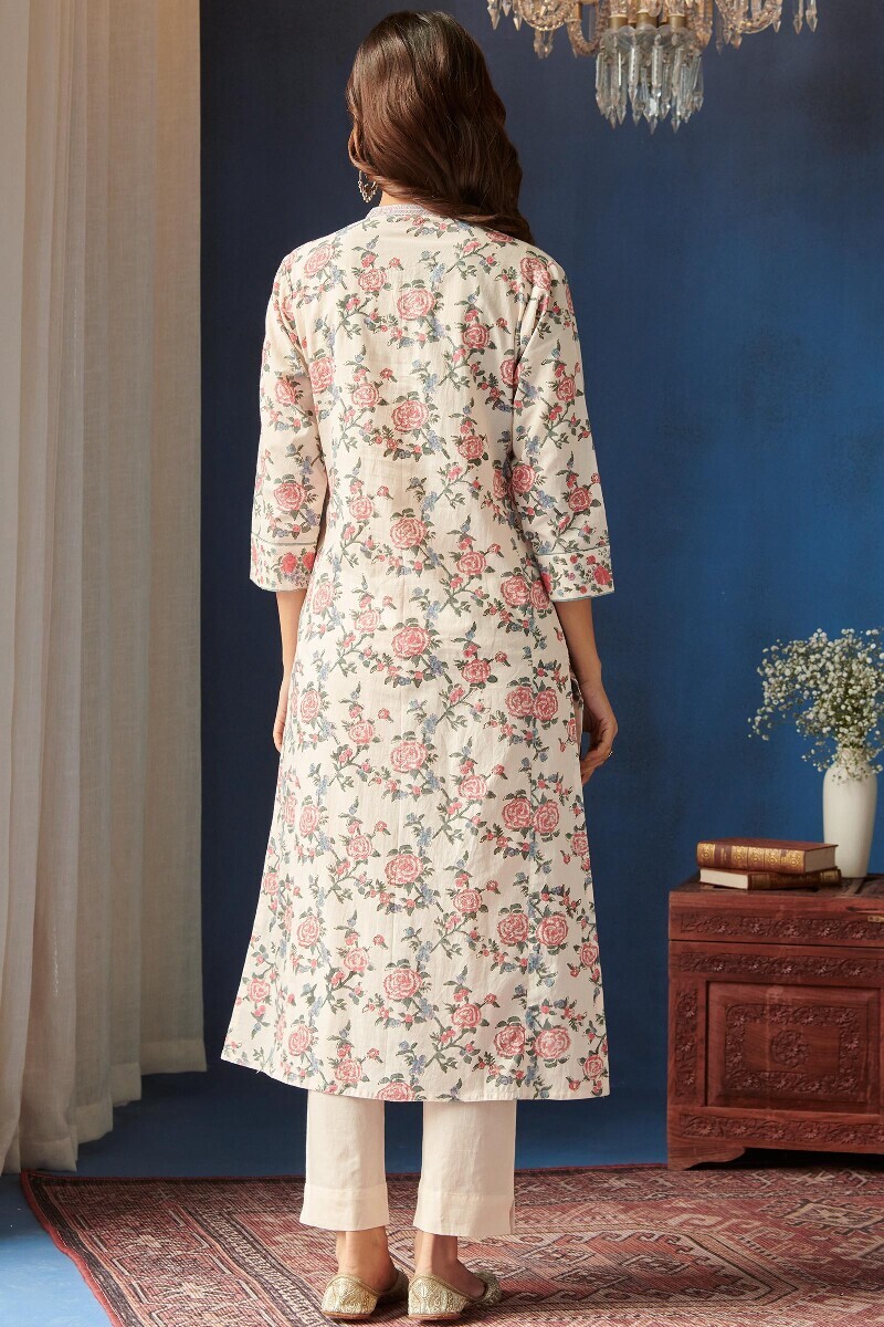 Off-White Hand Block-Printed Straight Cotton Kurta