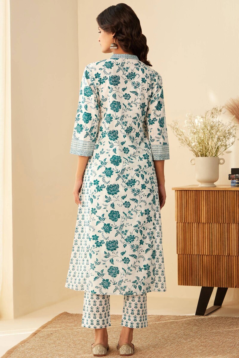 White Hand Printed Straight Cotton Slub Kurta