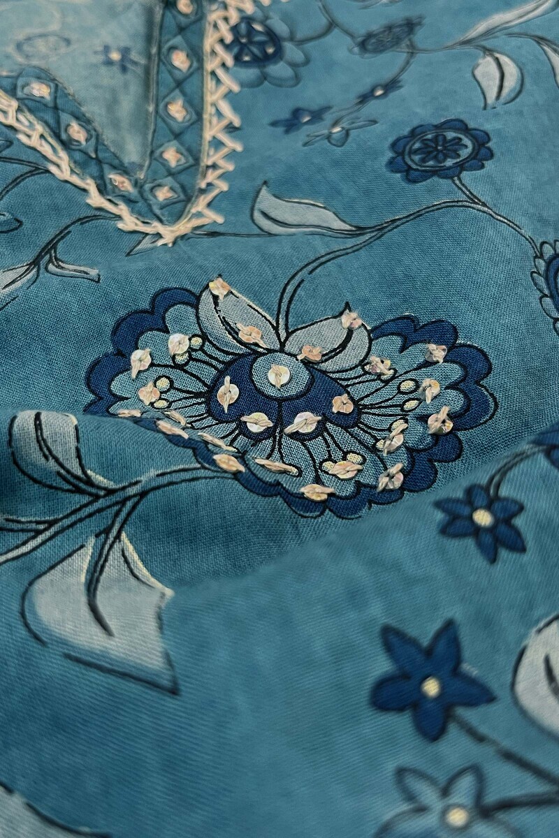 Blue Hand Printed Straight Cotton Kurta