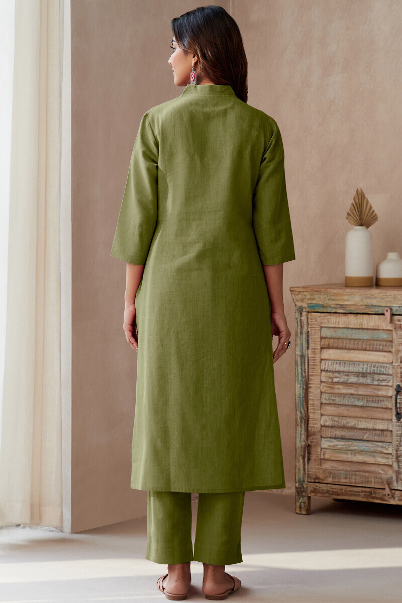 Green Handcrafted Straight Cotton Flax Kurta