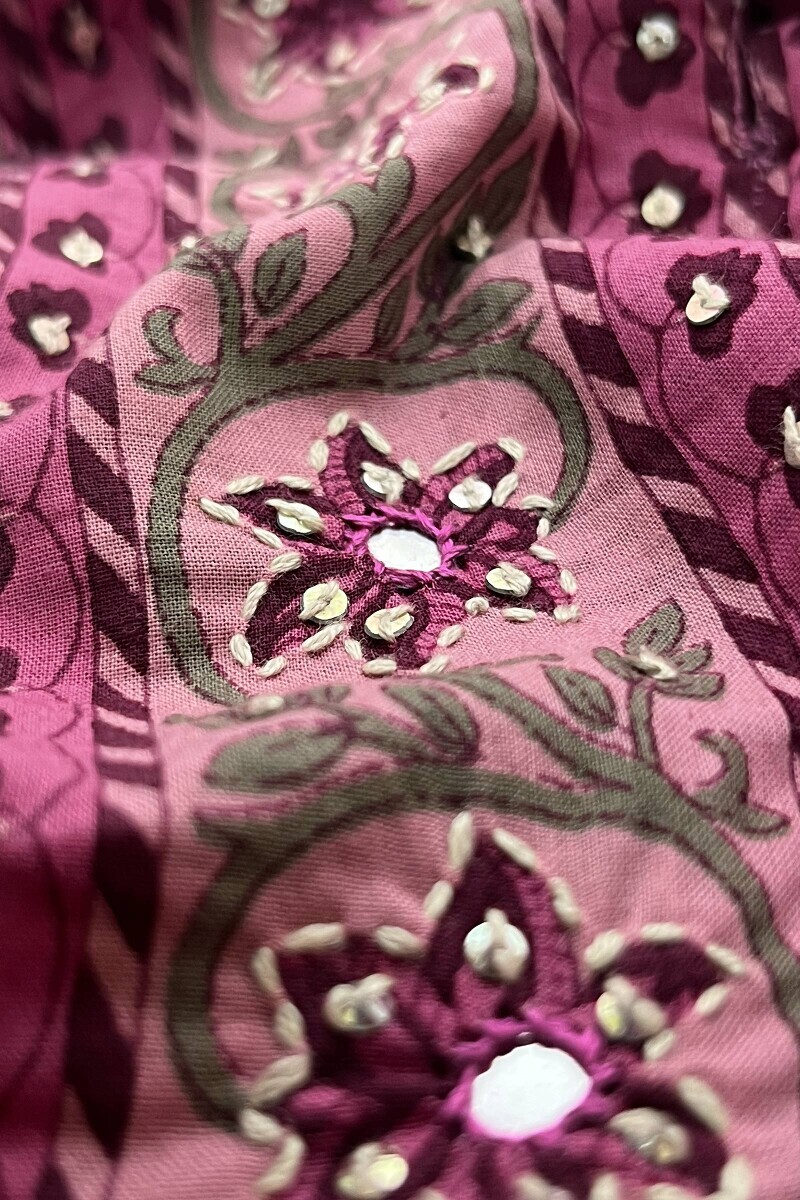 Pink Hand Printed Straight Cotton Kurta