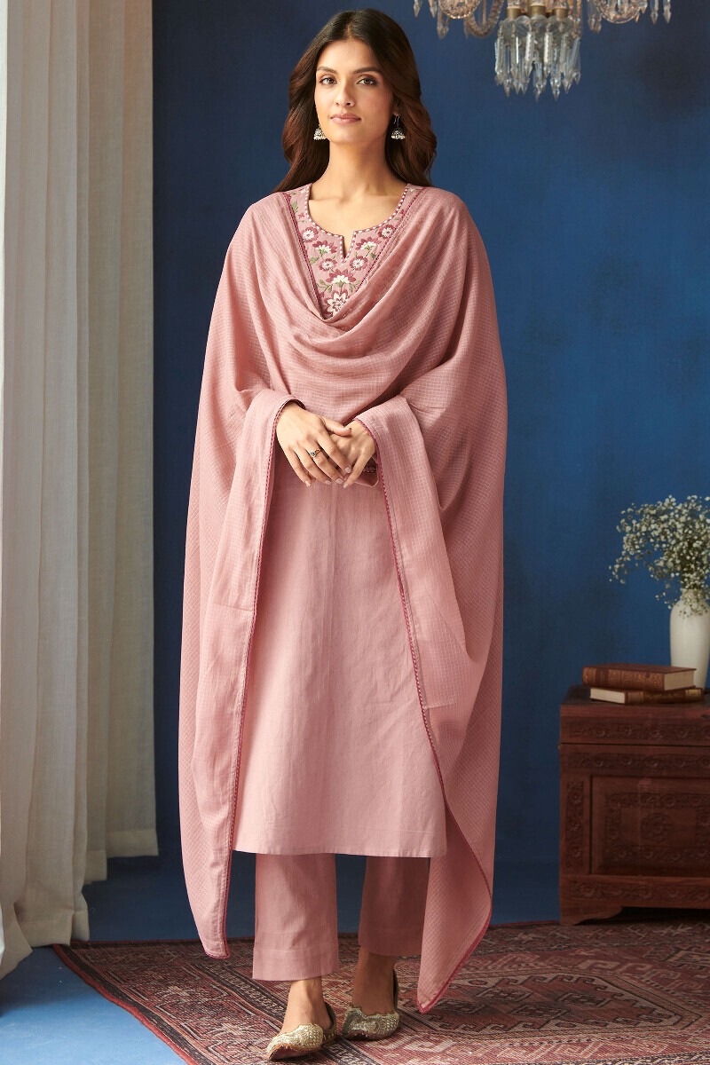 Pink Printed Straight Cotton Flax Kurta