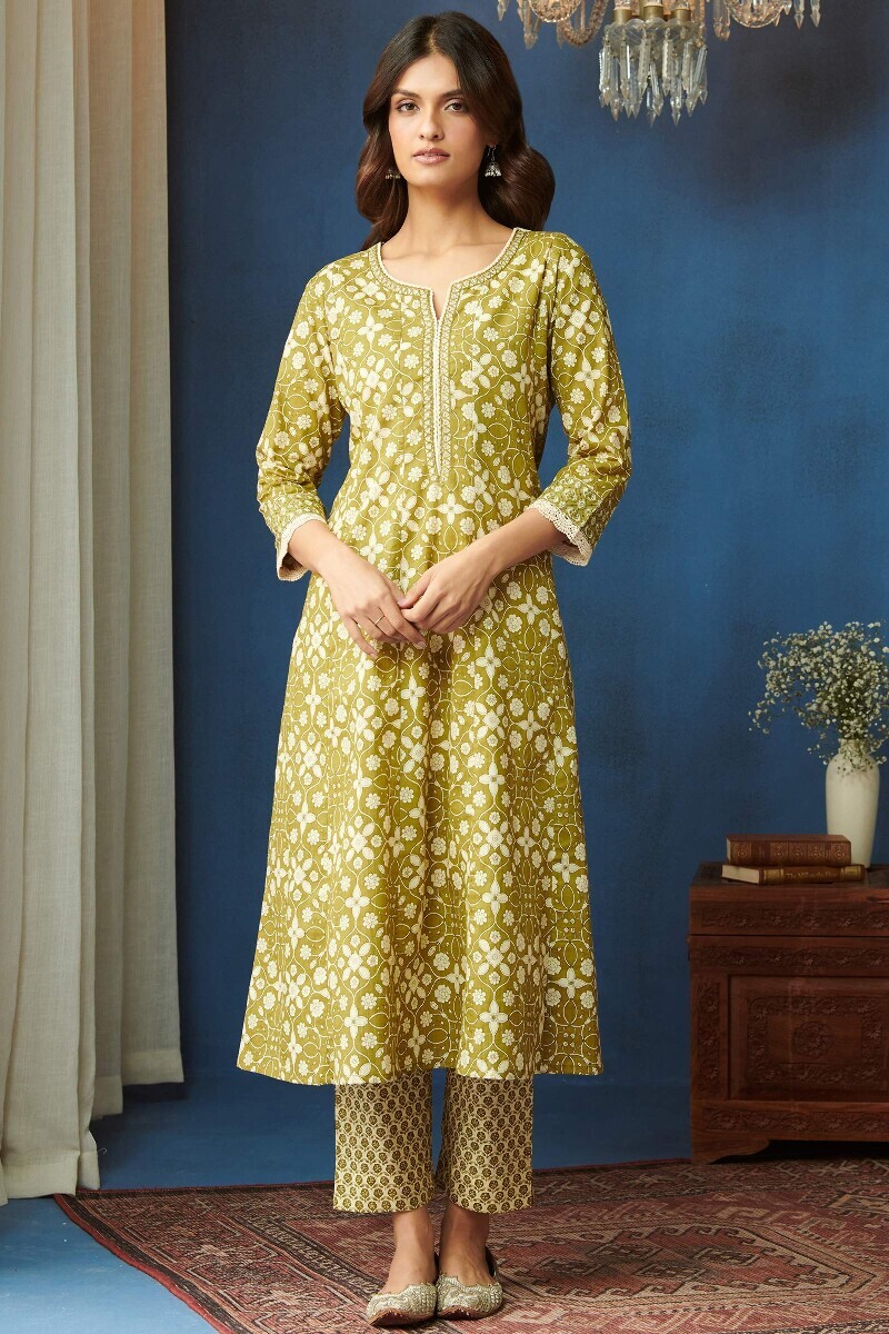 Green Hand Printed Anarkali Cotton Kurta