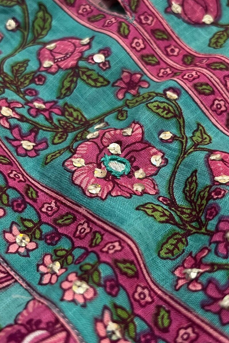 Blue Hand Printed Straight Cotton Slub Kurta