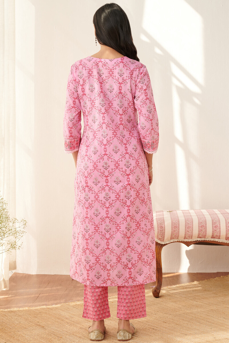 Pink Hand Printed Straight Cotton Kurta
