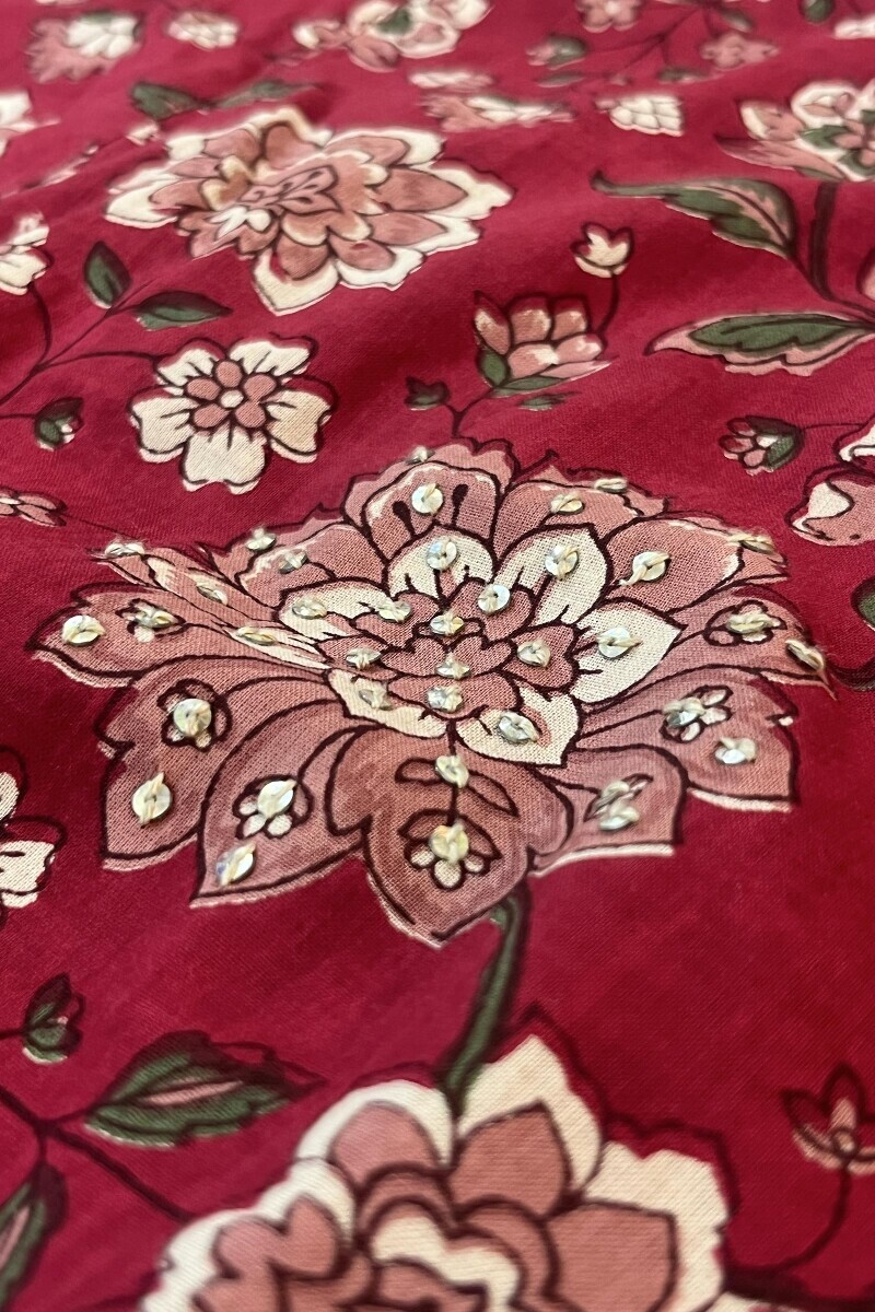 Red Hand Printed Angrakha Cotton Kurta