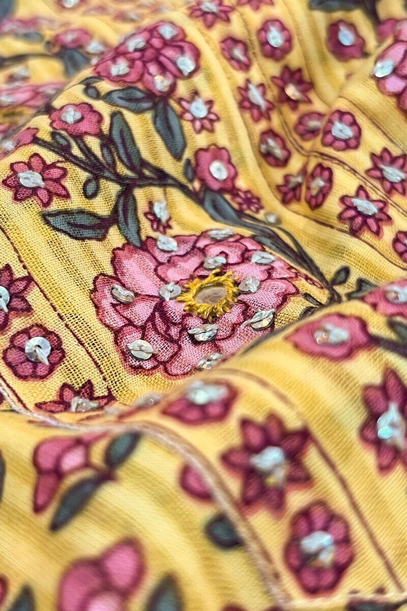 Yellow Hand Printed Straight Cotton Dobby Kurta