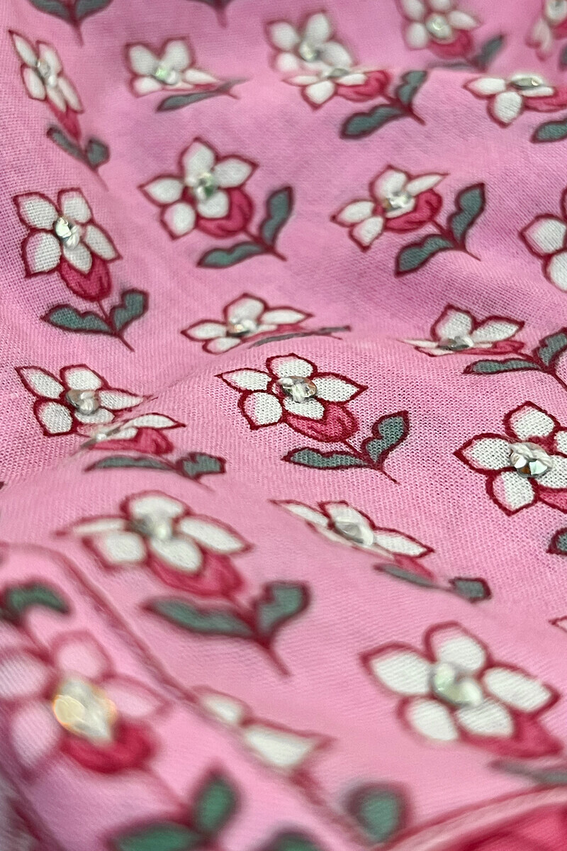 Pink Hand Printed Straight Cotton Kurta