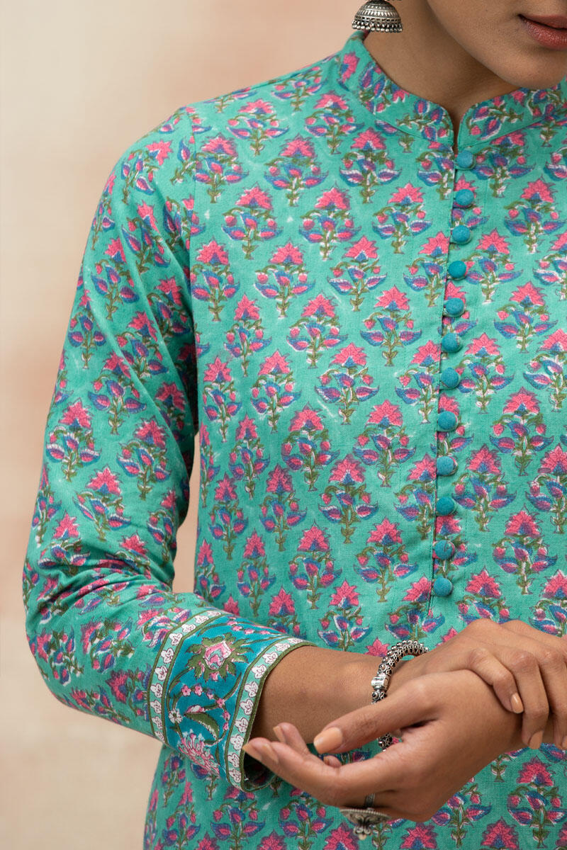 Green Block Printed Straight Cotton Kurta