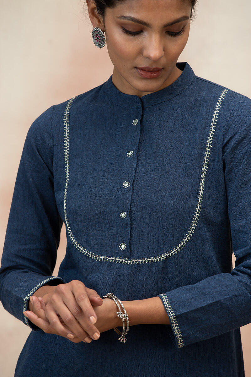 Blue Handcrafted Straight Cotton Kurta