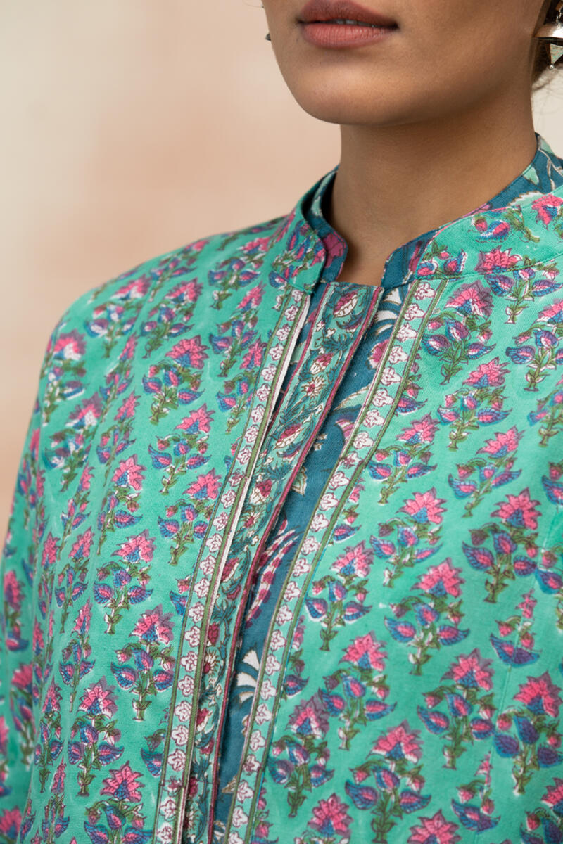 Blue Block Printed Cotton Reversible Jacket