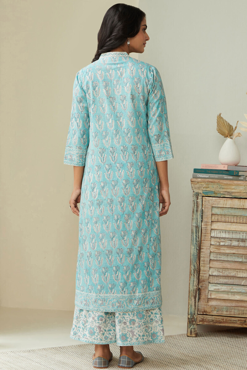 Blue Hand Block-Printed Straight Cotton Slub Kurta