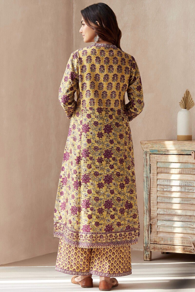 Yellow Hand Block-Printed A-Line Chanderi Kurta