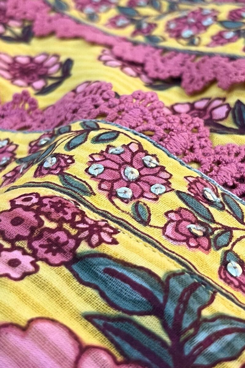 Yellow Hand Printed Straight Cotton Dobby Kurta