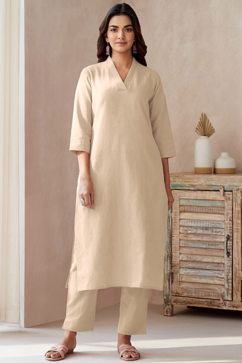 Cream Handcrafted Straight Cotton Flax Kurta