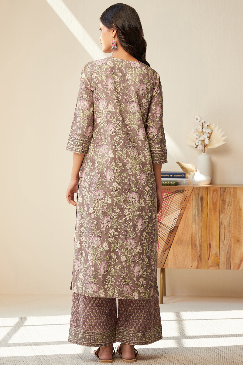 Brown Hand Block-Printed Straight Cotton Kurta