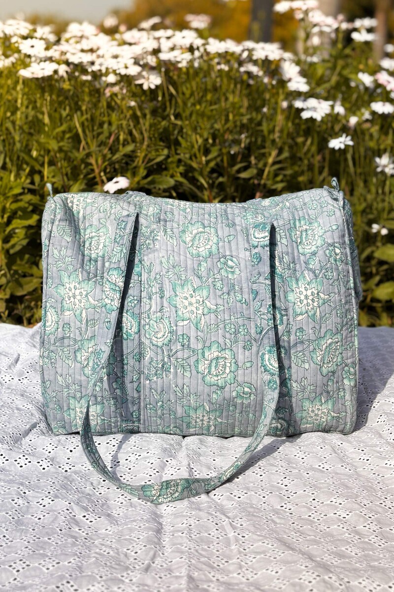 Grey Hand Block Printed Cotton Holdall Bag