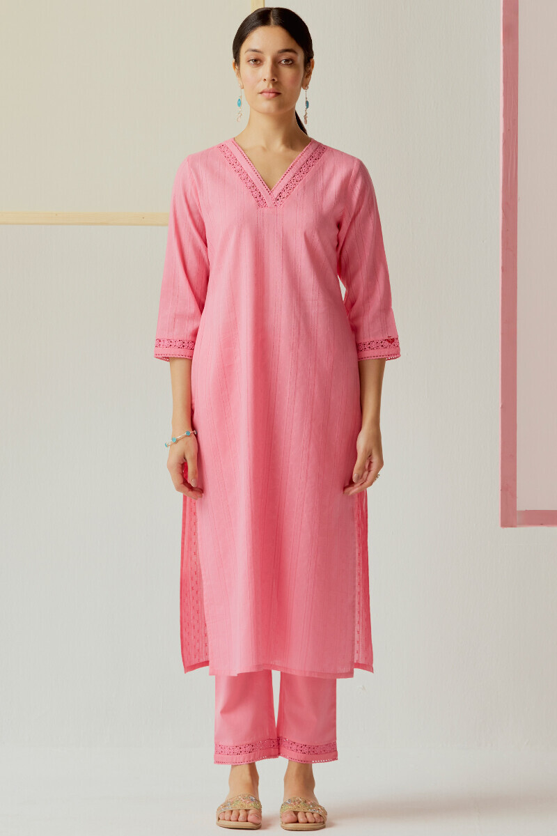 Pink Handcrafted Straight Cotton Dobby Kurta