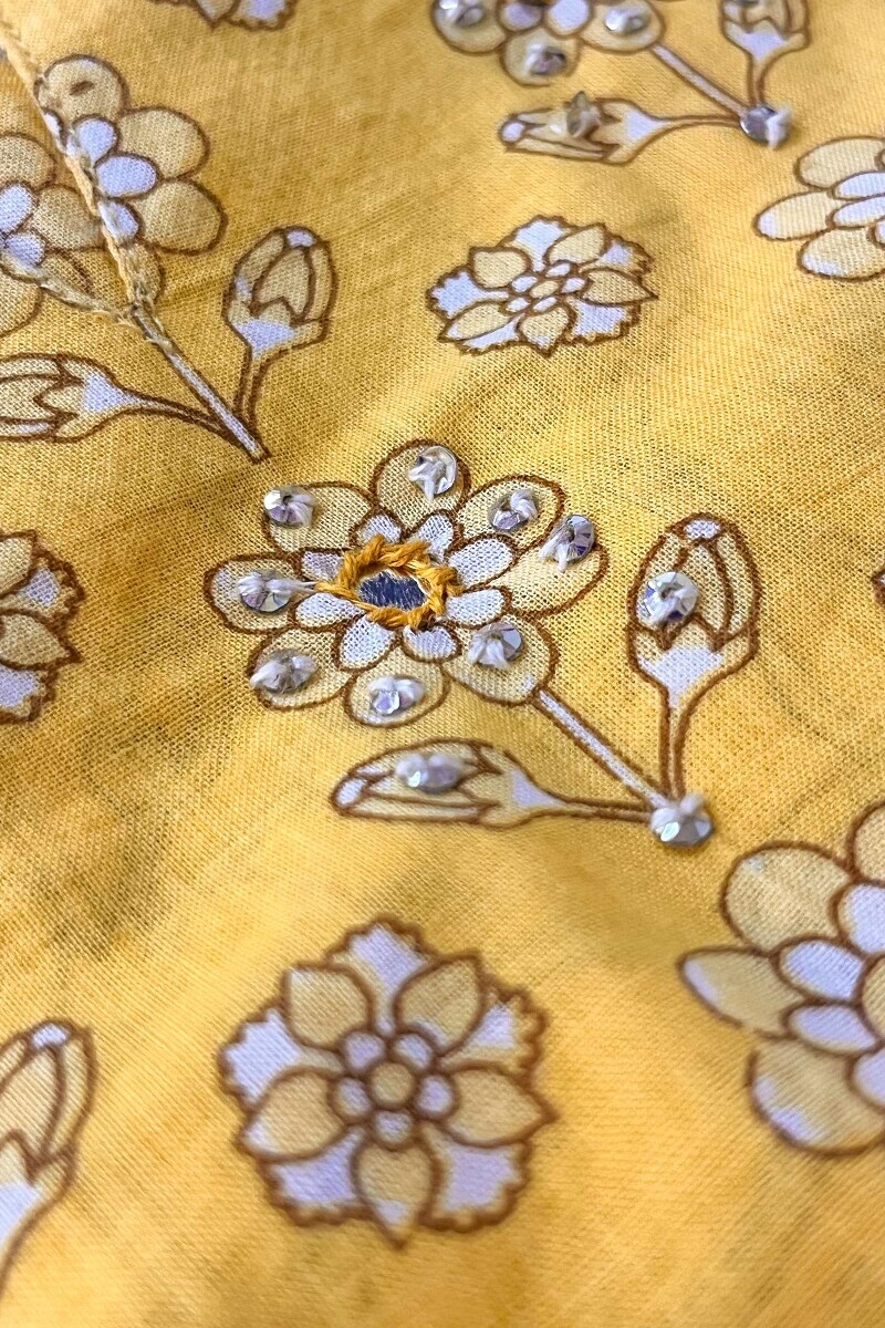 Yellow Hand Printed Straight Cotton Kurta