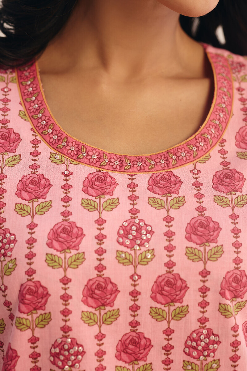 Pink Hand Printed Straight Cotton Kurta