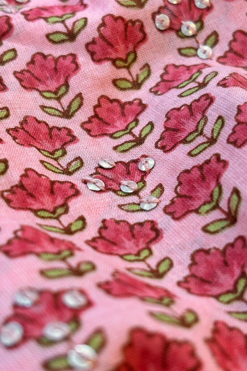 Pink Hand Printed Straight Cotton Kurta