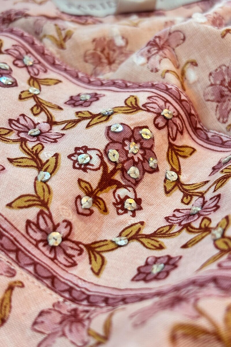 Pink Hand Printed Straight Cotton Dobby Kurta