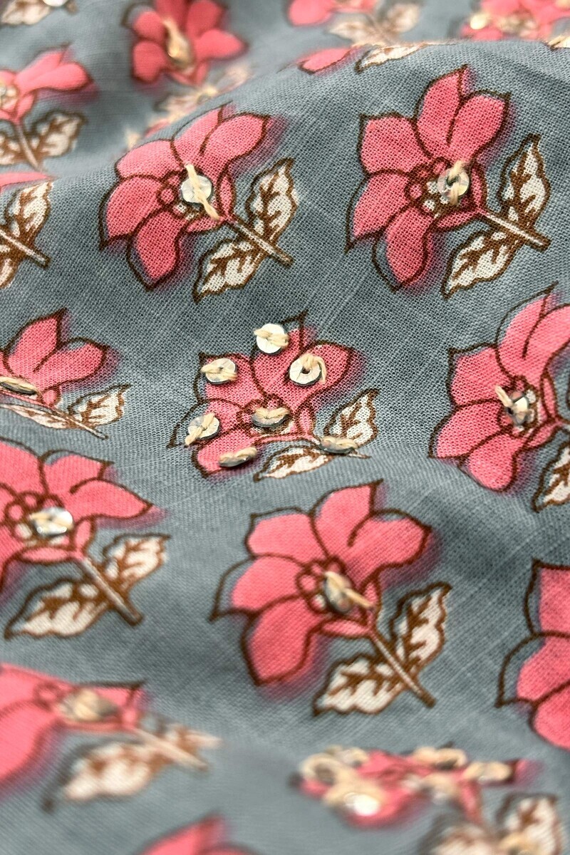 Grey Hand Printed A-Line Cotton Slub Kurta
