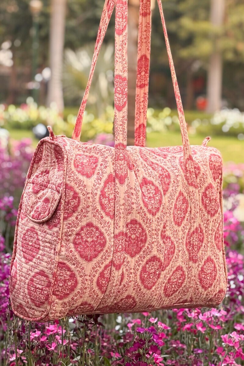Pink Hand Printed Cotton Slub Holdall Bag