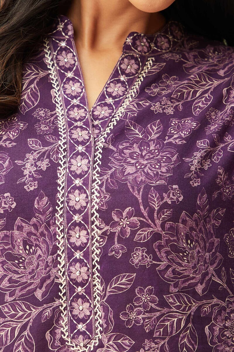 Purple Printed Straight Cotton Kurta