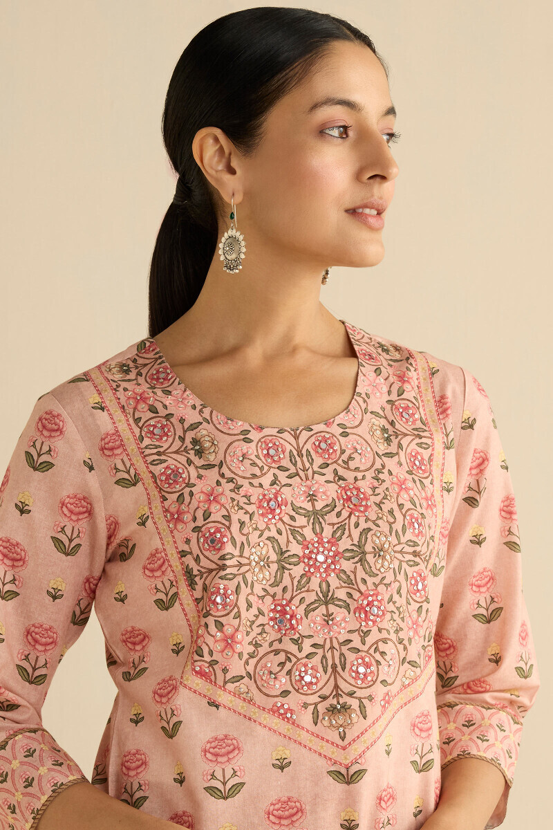 Peach Printed Straight Cotton Kurta