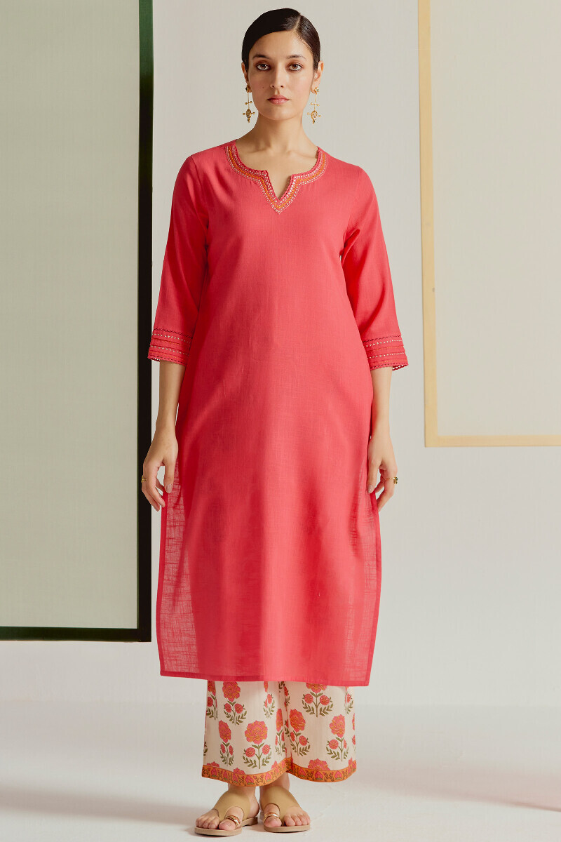 Pink Handcrafted Straight Gauze Slub Kurta