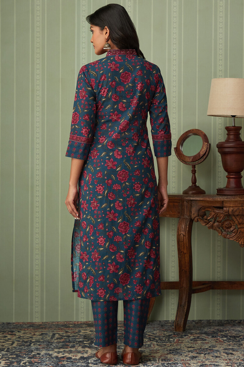 Blue Printed Straight Cotton Kurta