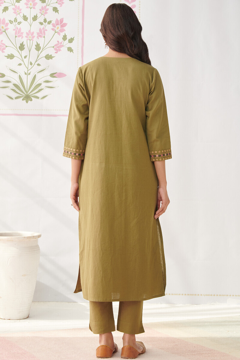 Olive Green Handcrafted Straight Cotton Flax Kurta