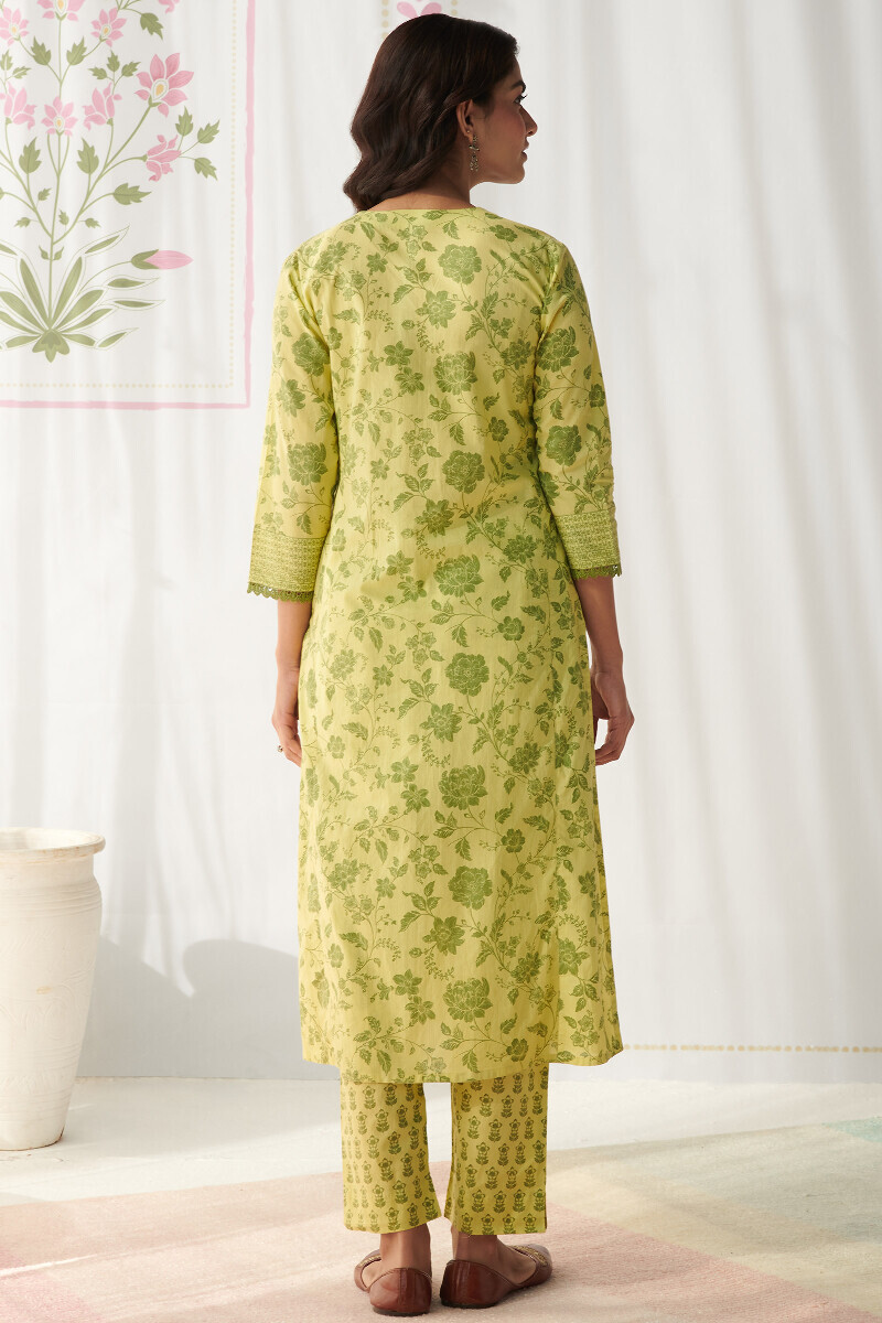 Lime Green Hand Printed Straight Cotton Kurta