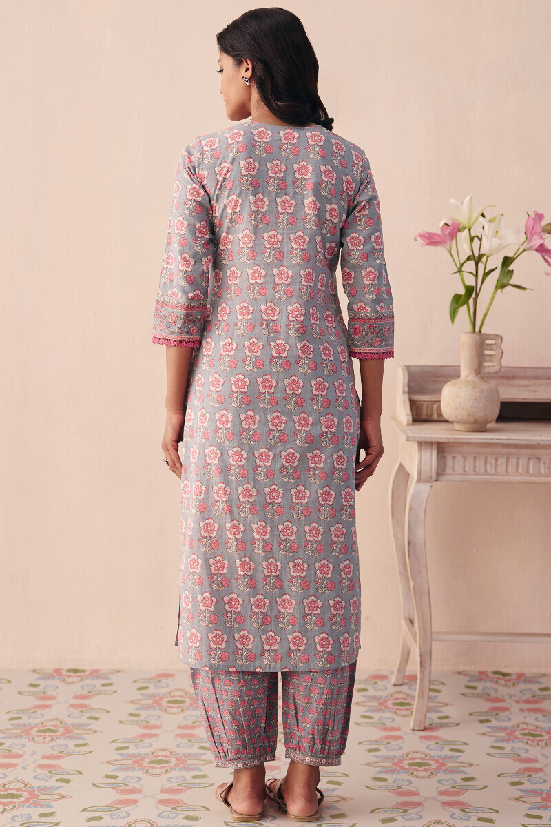 Grey Hand Printed Straight Cotton Slub Kurta