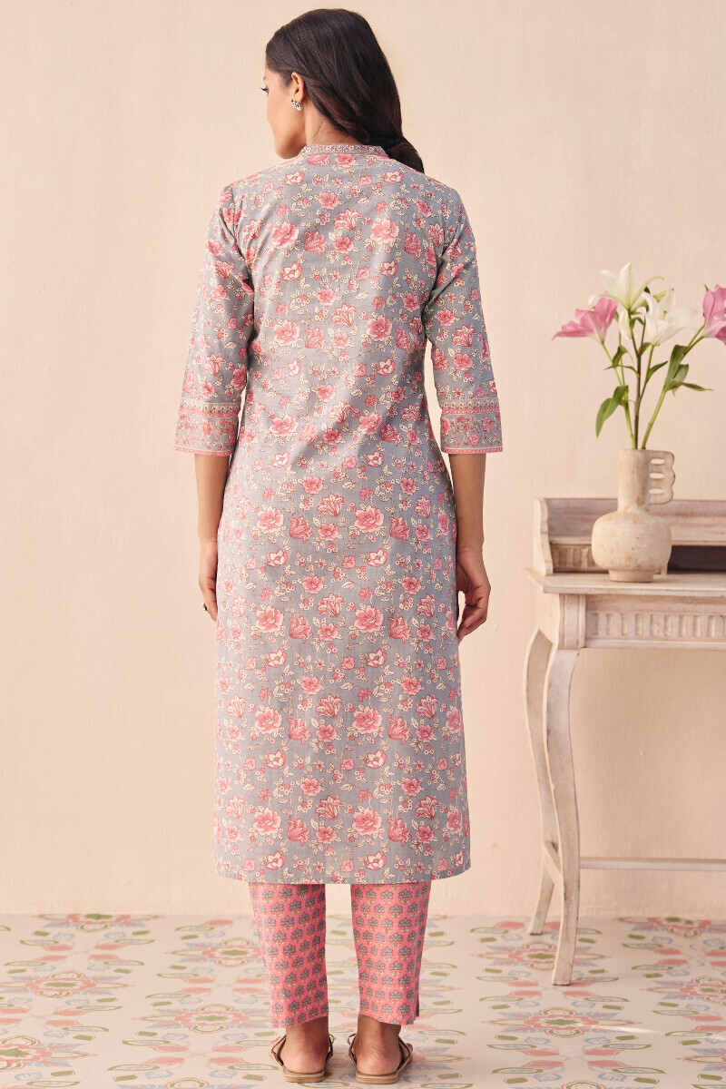 Grey Hand Printed Straight Cotton Slub Kurta
