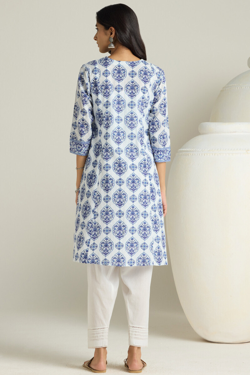 White Hand Printed Short Cotton Dobby Kurta