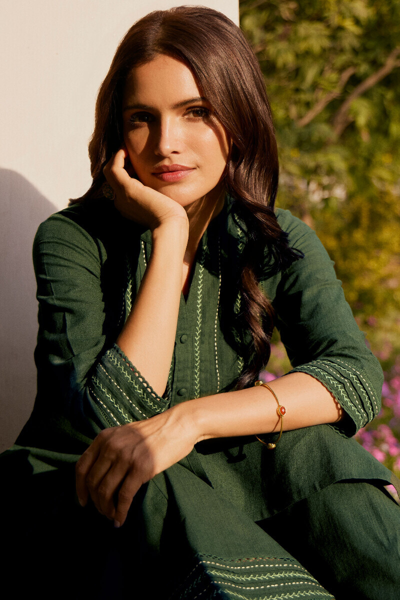 Green Handcrafted Straight Gauze Slub Kurta