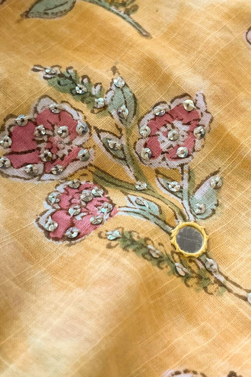 Yellow Hand Block Printed Straight Cotton Slub Kurta