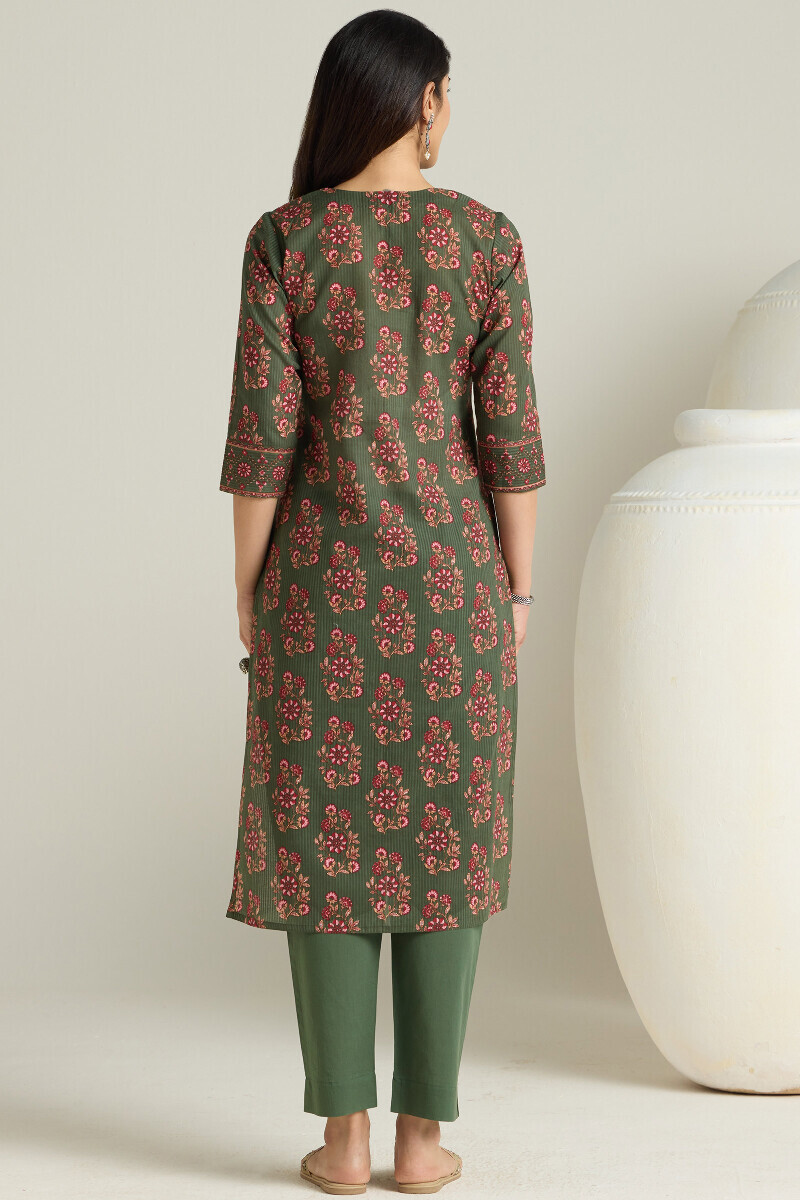 Green Hand Printed Straight Cotton Dobby Kurta