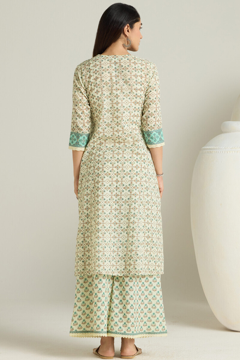 Cream Hand Printed A-Line Cotton Dobby Kurta