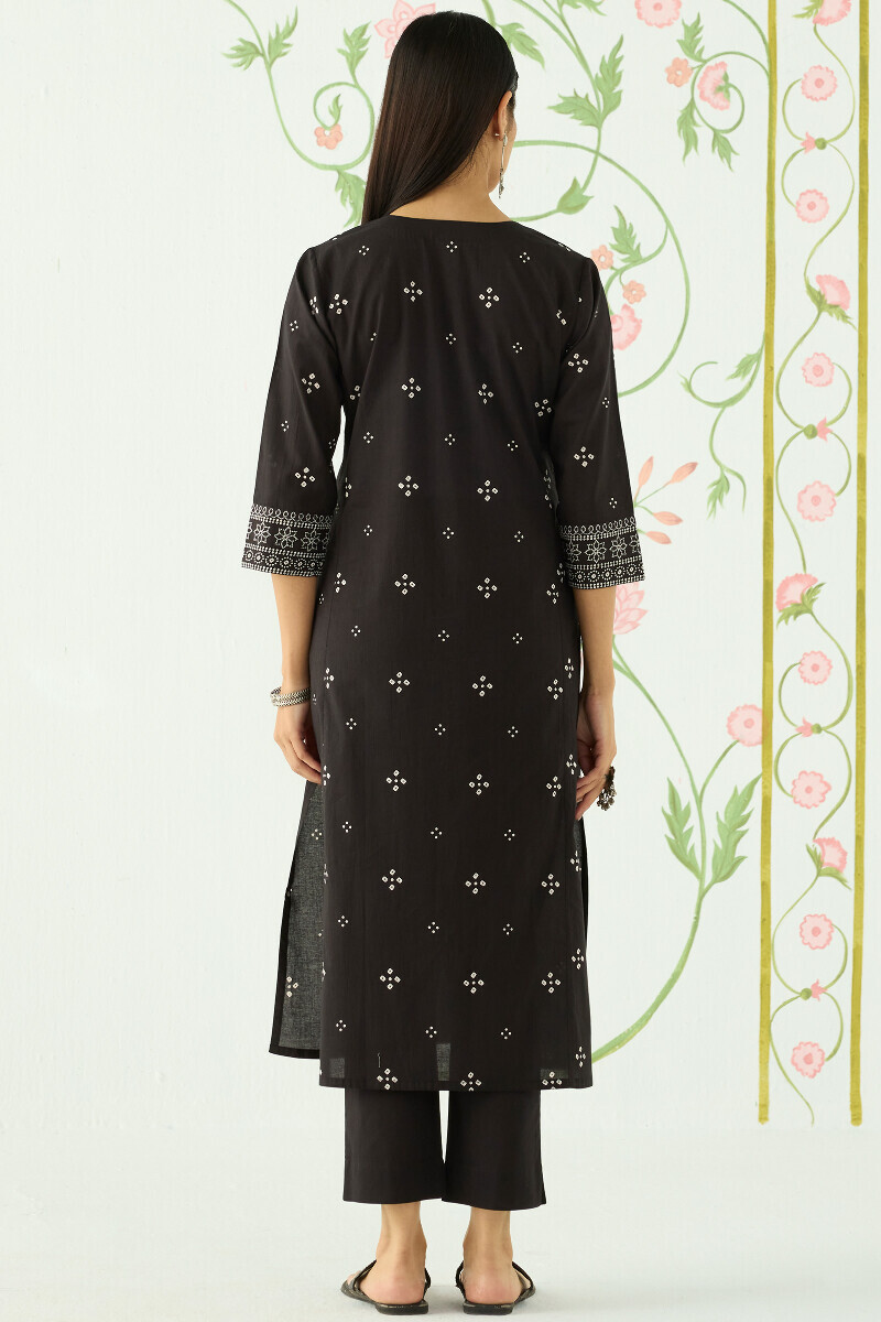 Black Hand Printed Straight Cotton Kurta