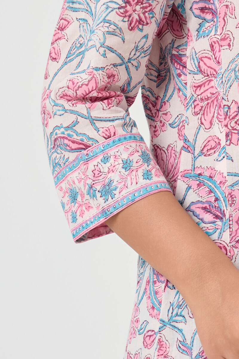 White Hand Block Printed Straight Cotton Kurta