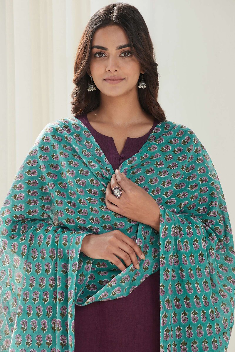 Turquoise Hand Block Printed Cotton Mul Dupatta